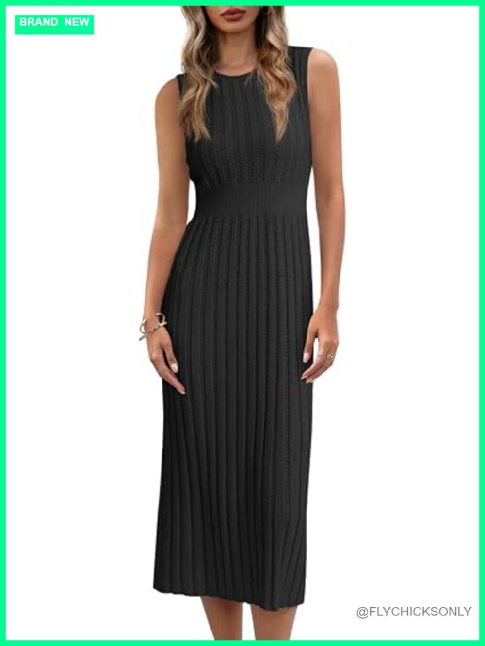 Ribbed Knit Sleeveless Bodycon Midi Dress Crew Neck Tank Summer Party